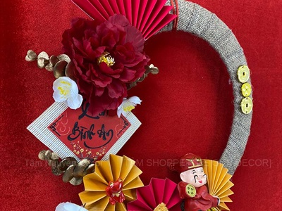 Vòng treo cửa Tết vải bố quạt xếp Mèo Thần Tài [2 Kiểu] ĐK 35cm VTC-T-48